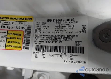 2022 Ford Bronco Sport Big Bend из США, поврежденный, VIN 3FMCR9B61NRD31939